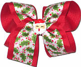 Large Holly Ribbon over Red with Santa Face Miniature Double Layer Overlay Bow